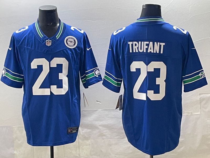 Men 2025 Seattle Seahawks 23 Trufant Blue retro Three generations Nike Limited NFL Jersey style 2